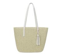 Womens Large Straw Tote Bag Handmade Woven Shoulder Handbag Summer Beach Purse with Tassel, Beige With a White Strap