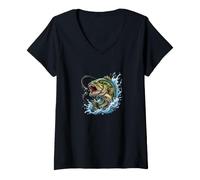 Women's Largemouth Bass Fishing Water Splash Graphic V-Neck T-Shirt