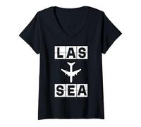 Women's LAS to SEA Airplane Route Airport Code Las Vegas Seattle V-Neck T-Shirt