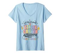 Women's Last Day Kindergarten Autograph Kid Signature School Signing V-Neck T-Shirt