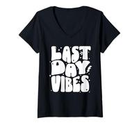 Women's Last Day Vibes Retro Bold Lettering End of School Teachers V-Neck T-Shirt