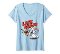 Women's Late Again Running Rabbit Spilling Coffee Meme Humor V-Neck T-Shirt