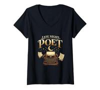 Women's Late Night Poet Typewriter Moon and Poetry Writing V-Neck T-Shirt