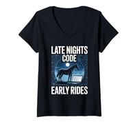 Women's Late Nights Code Early Rides Horse Programmer V-Neck T-Shirt