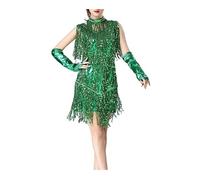 Women's Latin Dance Dress Sequin Tassel Skirt Gloves Set Rumba Salsa Tango Competition