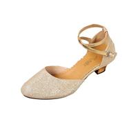 Women's Latin Dance Heels Elegant Glitter Bow Front Ankle Strap Sandals Secure Buckle Closure Cushioned Soft Sole Ballroom Practice Performance Shoes Gold
