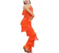 Women's Latin Dance Pants Tassel Top and Trousers 2 Piece Sets for Ballroom Rumba Tango Salsa Orange