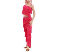 Women's Latin Dance Pants Tassel Top and Trousers 2 Piece Sets for Ballroom Rumba Tango Salsa Pink