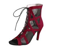 Women's Latin Dance Shoes, Ankle Boots for Women, Latin Dance Ankle Boots with Laces, Open Toe Boots, Mesh-Jazz-Salsa-Bachata-Tango Practice Performance, Heel 10 cm, red, 9.5 UK