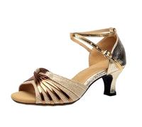 Women's Latin Dance Shoes Ballroom Salsa Tango Performance Sandals Open Toe Cross Strap Mid Heel Professional Social Dancing Footwear Gold