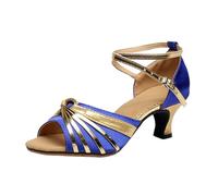 Women's Latin Dance Shoes Ballroom Salsa Tango Performance Sandals Open Toe Cross Strap Mid Heel Professional Social Dancing Footwear Blue