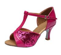 Women's Latin Dance Shoes Ballroom Salsa Tango T-Strap Peep Toe Mid Flared Heel Professional Social Dancing Shoes Hot Pink