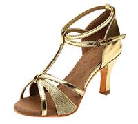 Women's Latin Dance Shoes Ballroom Salsa Tango T-Strap Peep Toe Mid Flared Heel Professional Social Dancing Shoes (ZZ11-Gold, 6)