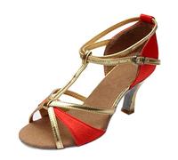 Women's Latin Dance Shoes Ballroom Salsa Tango T-Strap Peep Toe Mid Flared Heel Professional Social Dancing Shoes (ZZ11-Red, 6)
