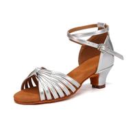 Women's Latin Dance Shoes Dance Shoes Brown Open Toe Ballroom Salsa Performence Dancing Practice with 1.5 inch Heel, 4 Big Kid Comfortable Practice & Performance Shoes(Silver,6 UK)