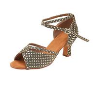 Womens Latin Dance Shoes High Heel Closed Toe T-Strap Heeled Ballroom Salsa Tango Party Sequin Dance Shoes 6 1-Gold
