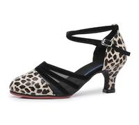 Women's Latin Dance Shoes, Leopard Print Mesh Mid-High Heels, Modern Ballroom Practice Shoes with Ankle Straps, 2.2 Inch Heel, Leopard Print Heels -2.2inch Heels, 7.5 UK