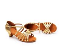 Women's Latin Dance Shoes Open Toe Ballroom Leather Satin Latin Shoes Suede Sole Tango Indoor Practice Performence Dancing Shoe Low Heel for Beginners & Practice (02 Gold, 6.5)