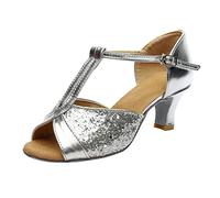 Women's Latin Dance Shoes Party Wedding Heels Ballroom Character Shoes Suede Sole Performance Dancing Sandals Open Toe Adjustable Ankle Strap 2'' Heeled Sandals Silver