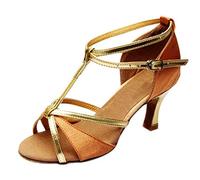 Women's Latin Dance Shoes with Cross Strap and Open Toe, Mid Heel Ballroom Sandals for Salsa Tango Rumba, Comfortable Soft Sole Practice Heels for Ladies, Glitter Performance Shoes