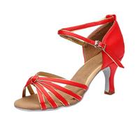 Women's Latin Dance Shoes with Knot Decor Slip On Sole Comfortable Evening Shoes with Mid Heel for Casual Indoor Occasions, red, 7 UK