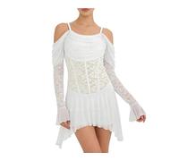 Women's Latin Lyrical Dance Dress Rhinestone Lace Mesh Figure Skating Tango Bodysuit