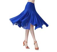 Women's Latin Salsa Tango Dance Skirt Smooth Swing Irregular Dancewear Ballroom Tulle A-line Midi Skirt for Practice,Blue,One Size
