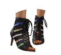Women's Latin Standard Dance Shoes Mesh Evening Sandals Ankle Boots Summer Sexy Dance Boots Pole Party Peep Toe High Heels with Lacing Strap Sandals Women's Boots, black, 4 UK