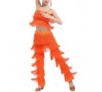 Women's Latin Tassel Dance top and Trousers 2 piece Sets for Ballroom Rumba Tango Salsa(Orange S)