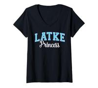 Womens Latke Princess Funny Jewish Food Varisty Letters V-Neck T-Shirt