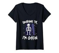 Womens Laughing Til Im Coffin Skeleton Pun Halloween Humor V-Neck T-Shirt