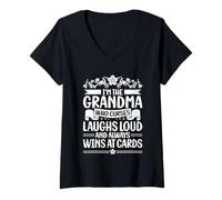 Womens Laughs Loud And Always Wins At Cards Grandma Mama Nana Mimi V-Neck T-Shirt