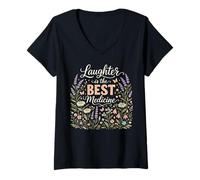 Women's Laughter is The Best Medicine Floral World Laughter Day V-Neck T-Shirt