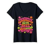 Women's Laughter is The Best Medicine Retro World Laughter Day V-Neck T-Shirt