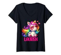 Womens Lauren Personalized Name Colorful Unicorn Women Girls V-Neck T-Shirt