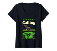 Women's Lawn Mowing Humor The Grass is Calling Yard Work Design V-Neck T-Shirt
