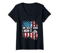 Womens Lawn Mowing - Landscaping I'm Sexy And I Mow It Flag funny V-Neck T-Shirt