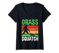 Women's Lawn Mowing Mower | Bigfoot Sasquatch | Retro Grass Squatch V-Neck T-Shirt