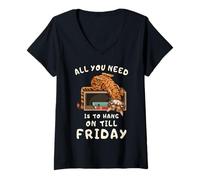 Womens Lazy Cat Office Job Humor Hang On Till Friday V-Neck T-Shirt