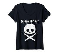 Womens Lazy Halloween Costume Sewing Pirate Skull Seam Ripper V-Neck T-Shirt