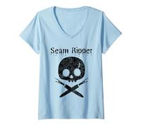 Womens Lazy Halloween Costume Sewing Pirate Skull Seam Ripper V-Neck T-Shirt