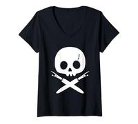 Womens Lazy Halloween Costume Sewing Pirate Skull Seam Ripper V-Neck T-Shirt