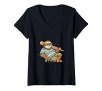 Women's Lazy Sloth Baseball Player Summer Vibes Cool V-Neck T-Shirt