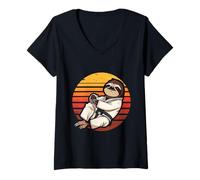 Women's Lazy Sloth Karate Retro Sunset Martial Arts Design V-Neck T-Shirt