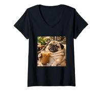 Women's Lazy Sunday Coffee Pug Funny Relaxing Meme V-Neck T-Shirt