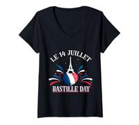Womens Le 14 Juillet Bastille Day French Flag Heart July 14 V-Neck T-Shirt
