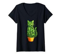 Womens Leaf Shaped Dog Topiary Green Plant Pot Artwork V-Neck T-Shirt