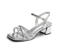 Women's Leaky Toe Sandals Sweet Rhinestone Square Overlay Matching Dress Shoes Wide Design Classic Flat Work Wedding Banquet Shoes Silver