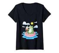 Womens Leap Frog Bubble Tea Summer Treat Cool Drink V-Neck T-Shirt