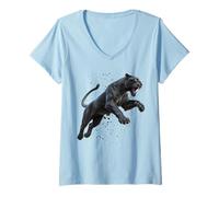 Women's Leaping Black & Powerful Panther Graceful Cat Image V-Neck T-Shirt